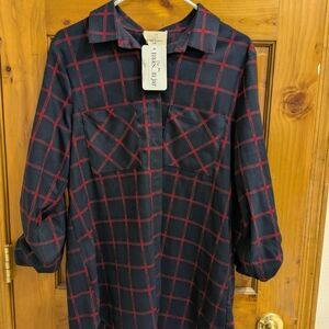 Dark Blue and Red Plaid Button Down Shirt